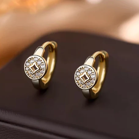

VENTFILLE 925 Sterling Silver Copper Coin Zircon Earring for Women Ear Wire Geometry Hollow Out Wealth Jewelry Gift Dropshipping