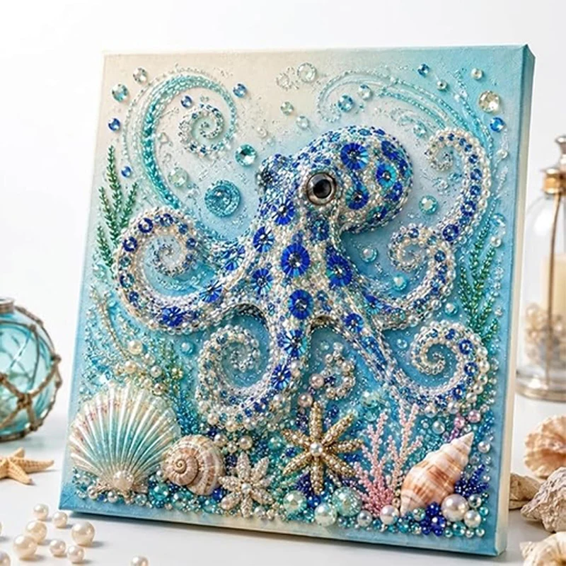 Pearl Diamond Painting Kits For Adults Beginner Diy Octopus Diamond Art Half Round Pearl Drill Sparkling Craft Home Wall Decorat