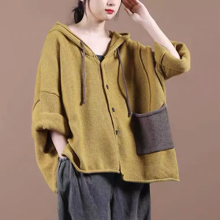 

Loose Knitted Hooded Cardigan Women's plus Size Autumn Winter Faion Artistic Patchwork ket Design Thiened Organic Cotton