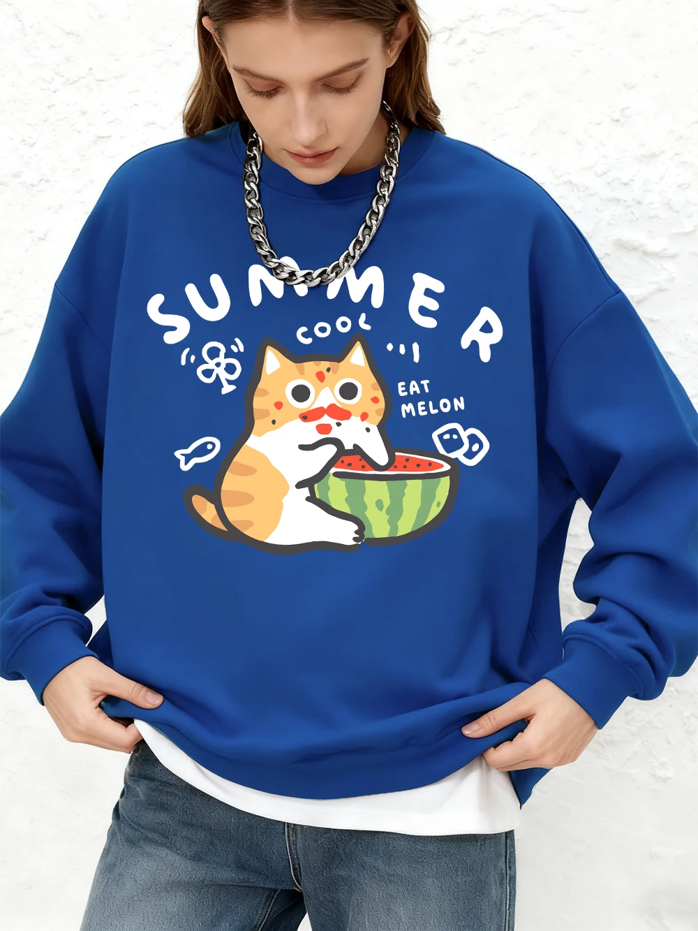 Zomer Eet Meloen Kat Print Hoodie Vrouwen Basic Oversize Jogger Sweatshirt Winter Lange Mouwen Warme Tops Crewneck Vrouw Kleding