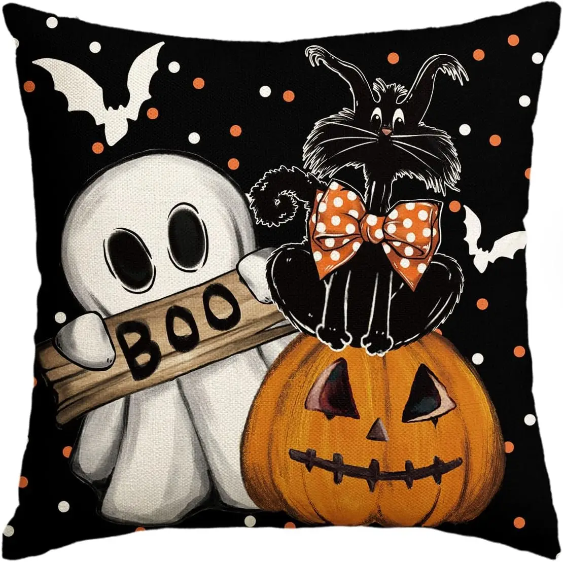 Halloween Boo Ghost Cat Pumpkin Lantern Throw Pillow Cover 18 x 18 Inch Holiday Farmhouse Cushion Case Decoration for Sofa