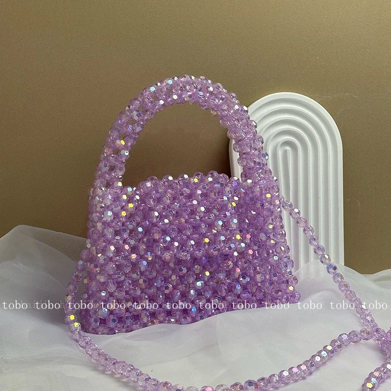 Pequenos tecidos à mão para mulheres, cor pura doce, bolsas de luxo para festa noturna, bolsas femininas, bolsas com contas acrílicas, bolsas femininas