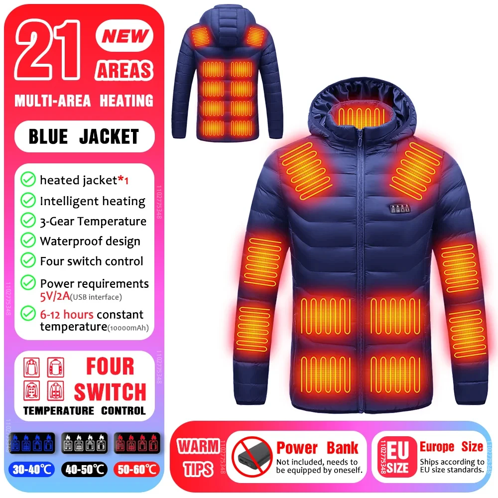 Heated Jacket Men 2-21 Areas USB Self Heating Jacket Women Warm Heated Down Jacket Ski Camping Hiking Clothes Winter Coat Washed