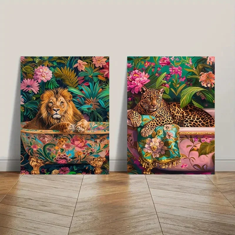 Colorful Leopard Lounging Contentedly in A Bathtub Poster and Prints Canvas Painting Wall Art Pictures Home Decor Cuadros