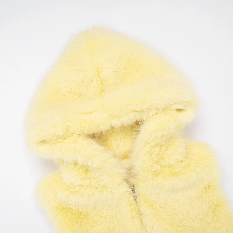 2025 Fall Winter Solid Faux Fur Hooded Jackets Vests Women Sleeveless Zipper Warm Coats Casual Furry Outerwear Cropped Tops