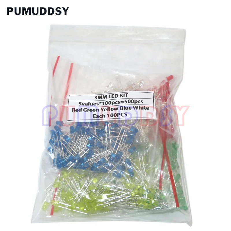 500PCS/LOT 3MM LED Diode Kit Mixed Color Red Green Yellow Blue White LED Light 5 Color Each 100 pieces