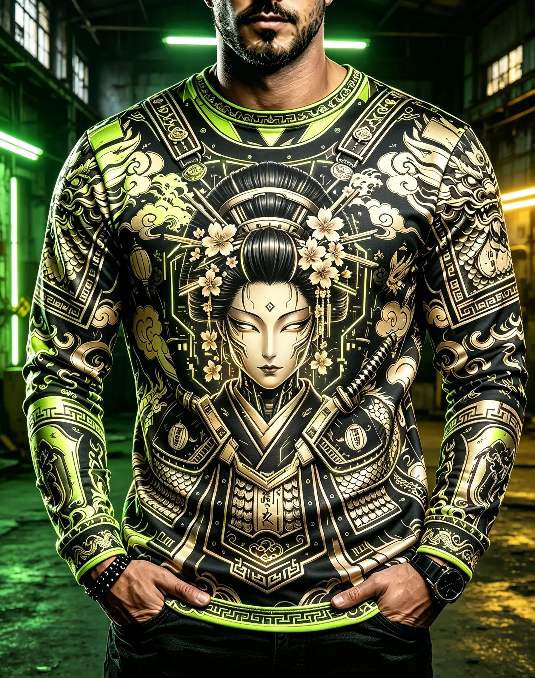 Oriental Cyberpunk Geisha Sakura Dragon Print Men Long Sleeve T-shirt, Japanese Art Street Daily Casual Wear Top