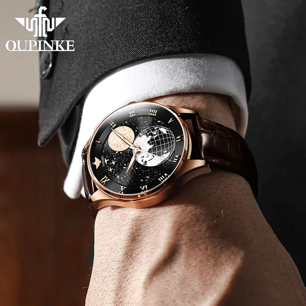 OUPINKE 3177 Мужские часы Роскошные деловые автоматические механические часы 50 м Водонепроницаемые часы Moon Galaxy Кожаный ремешок Подарки Reloj