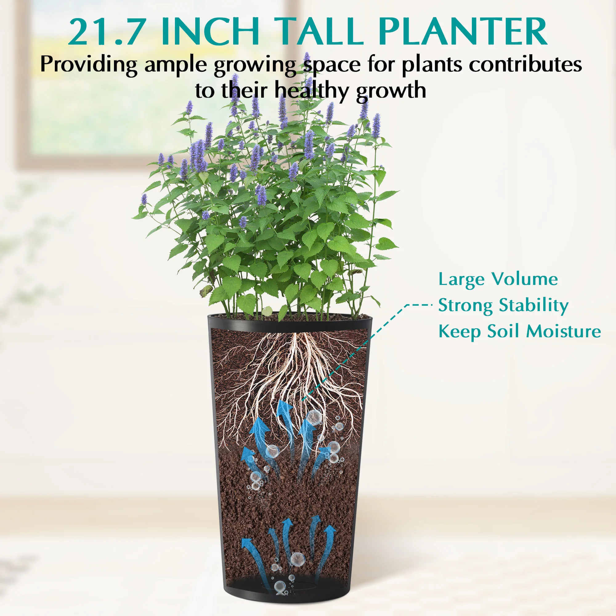2 Pack Tall 21.7 in Planters for Outdoor Plants Modern Tall Square Planter Box Indoor Outdoor Porch Patio Flower Pot Modern Big