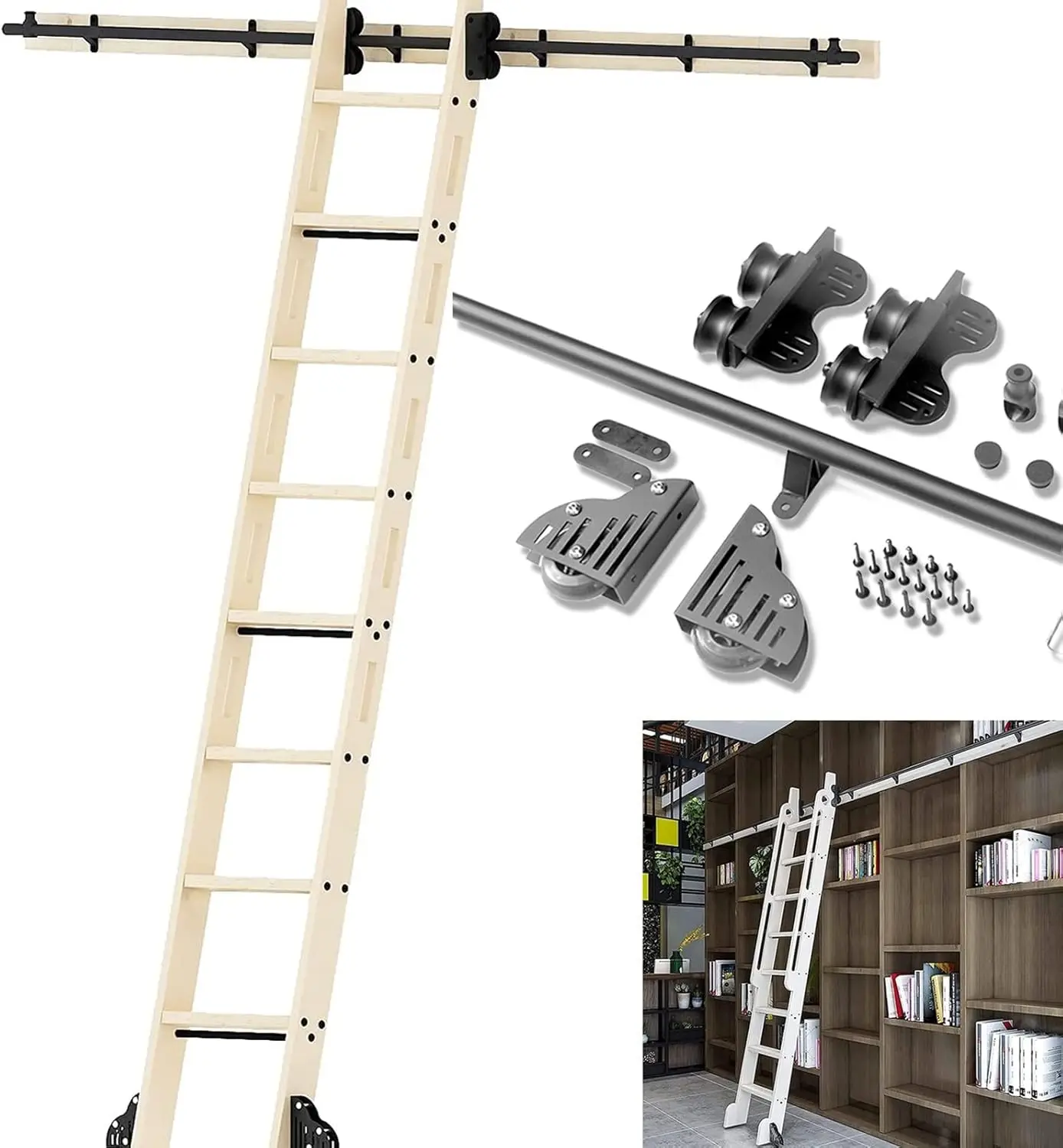 Sliding Barn Door Kit 3.3Ft-20Ft Retractable Rolling Ladder Library Full Set Hardware(No Ladder), With Floor Roller Wheels