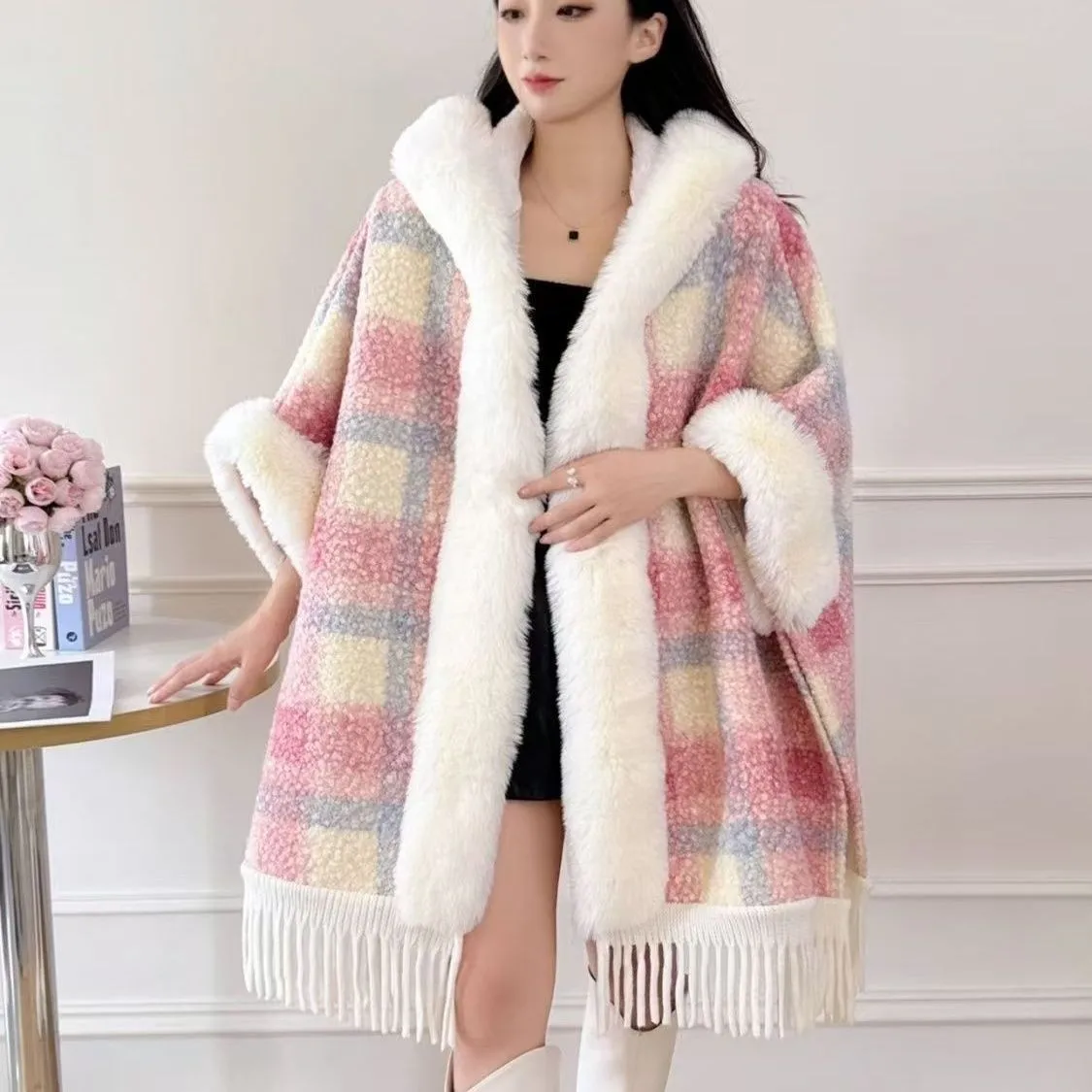 Large grid plush Cape Shawl Hooded Jacket Women's 2026 Autumn Winter Fashion Thicken High-end Coat Woman Warmm Cloak & Ponchos