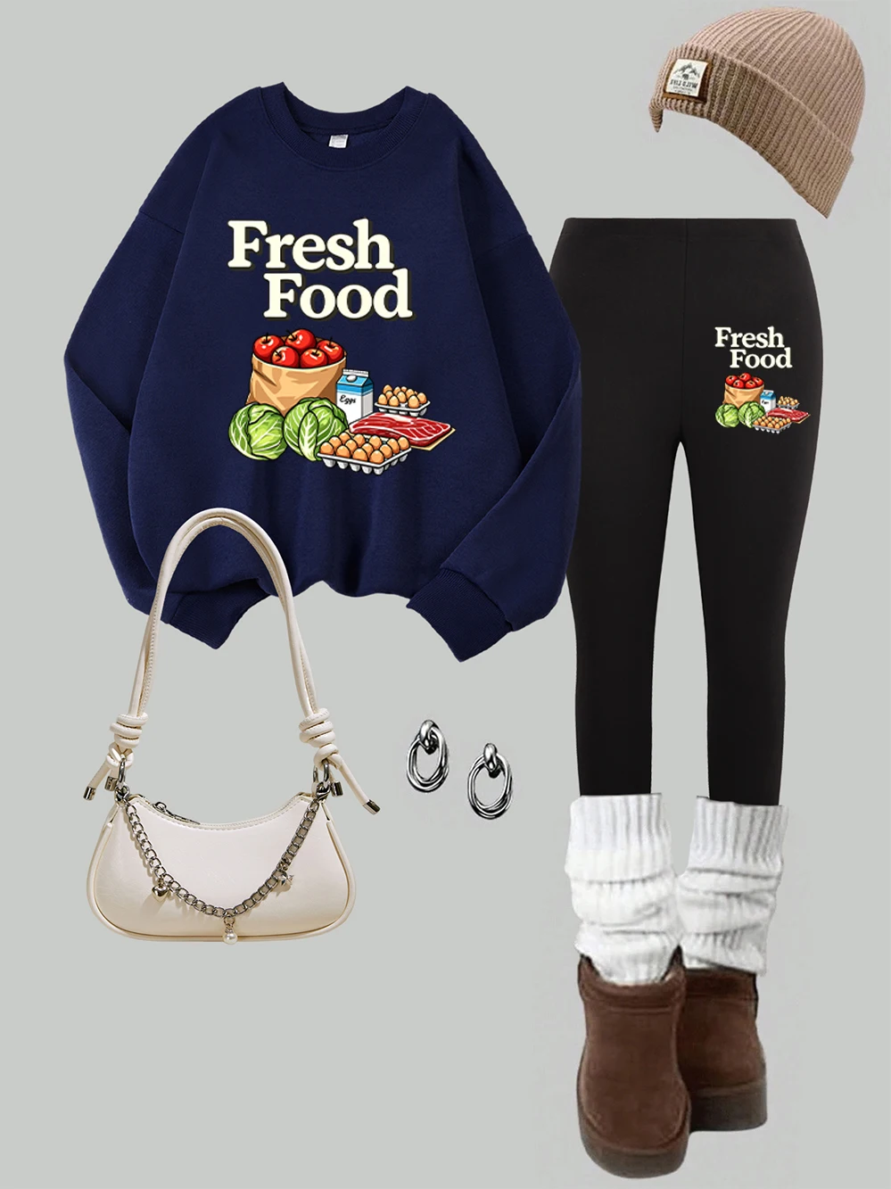2Pcs Leggings Sweatshirt Set Womens Fresh Food Meat Egg Milk Printed Hoodie Autumn Pocket Loose Tops Casual Fleece Warm Trousers