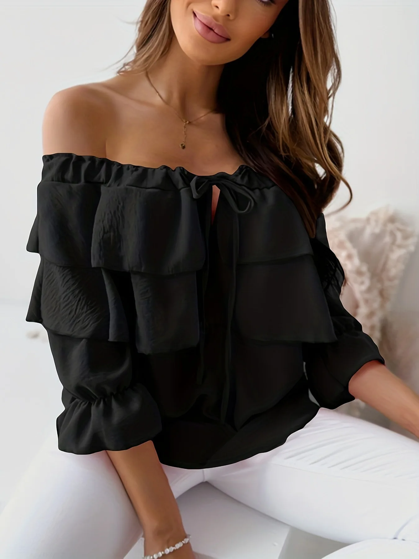 New 2025 Women's Shirt One-Linged Ruffled Girl Hot Girl Top Brown Mid-Sleeve Black Fashion Off-Shoulder Blouses