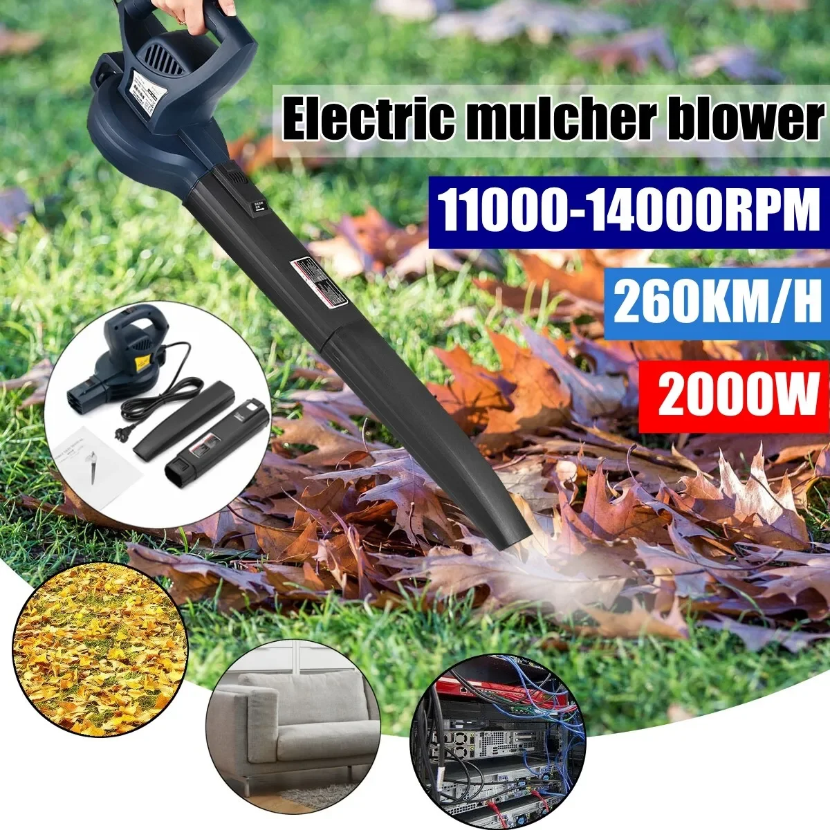 2000W 220V Electric Leaf Blower Vacuum 14000RPM 35L Debris Bag Grass Hedge Hoover Vac Leaf/Snow/Dust Collector Garden Tool