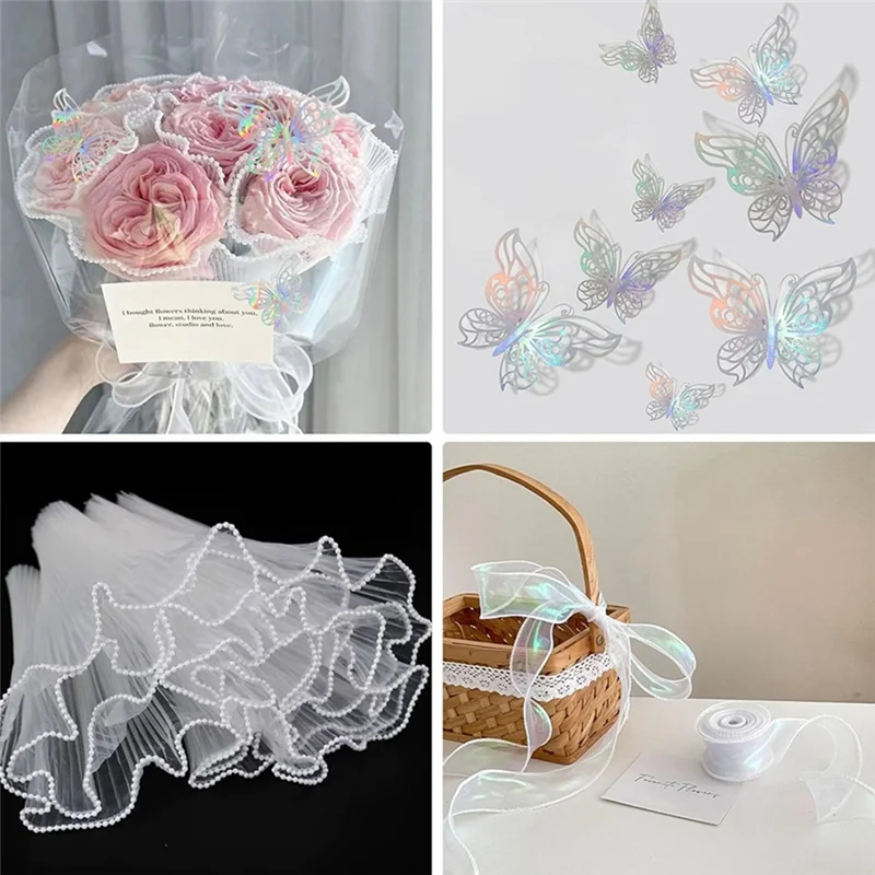 

A34R Набор оберточной бумаги для белых цветов, 4,37 ярда, жемчужная кружевная сетка для букетов, волнистый тюль со лентами и 3D-бабочками