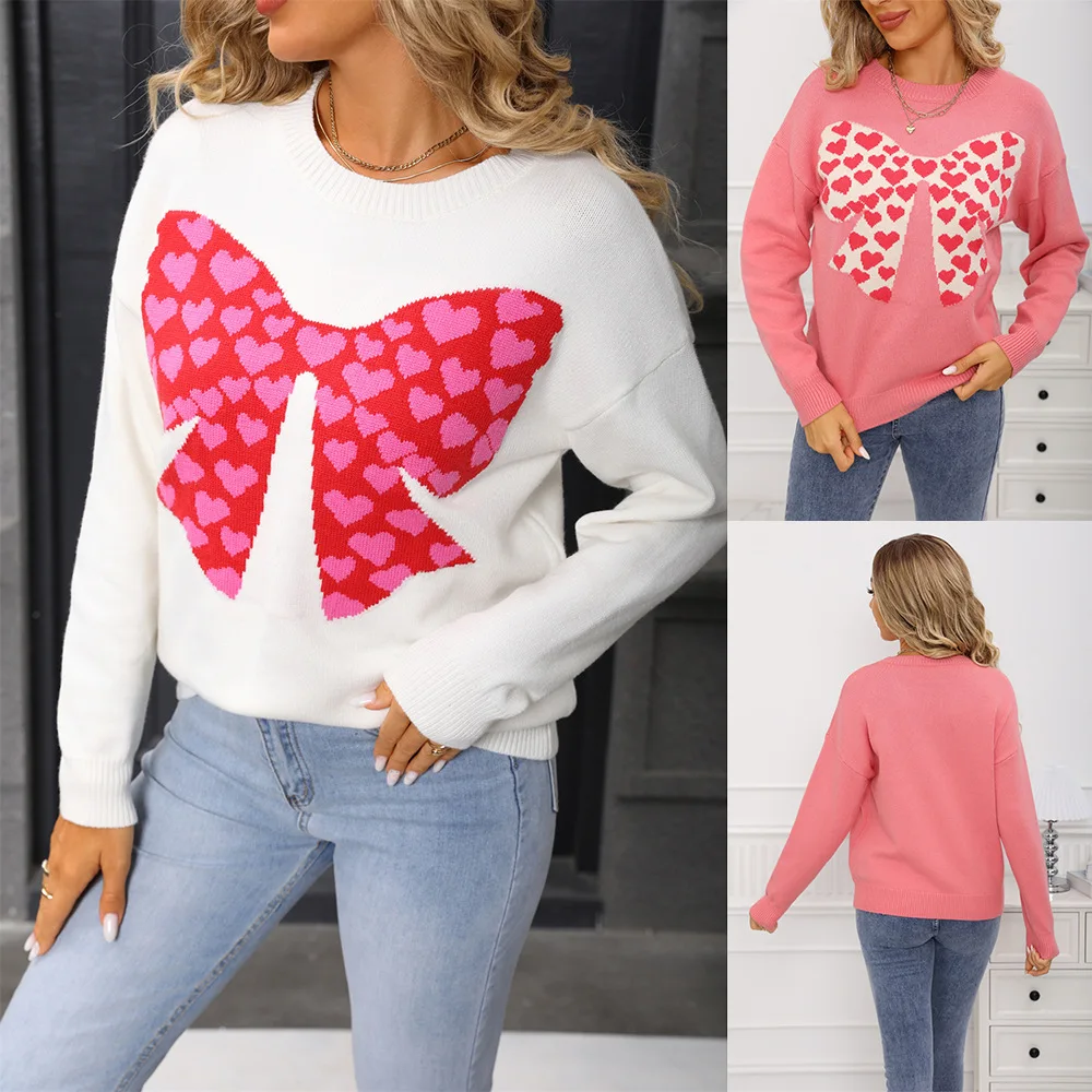 

Зимний вязаный свитер с круглым вырезом и длинными рукавами, повседневный топ с бантом, маленькая любовь, милый свитер для женщин на День святого Валентина, новинка 2024 года, пуловер Dame