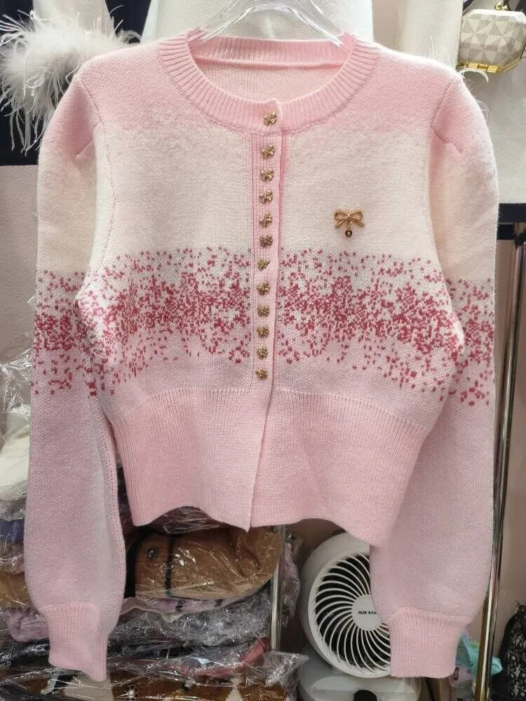 Pink Gradient Elegant Cardigan Sweater Women 2024 New Stylish Fashion Ladies Tops Long Sleeve Single-breasted Knitwear Jumpers