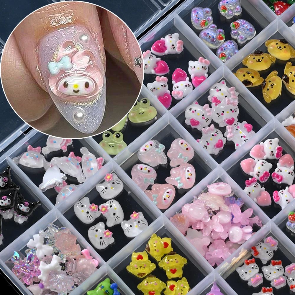 24 그리드/박스 스파클링 헬로 키티 Kuromi 멜로디 Cinnamoroll 네일 장식 네일 아트 참 만화 쥬얼리 매니큐어 참 소녀를위한