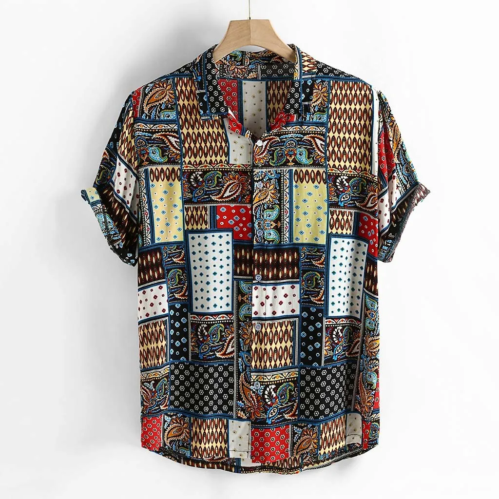 Men\'s Shirt Short Sleeve Ethnic Style Printed Shirts Folk Pattern Floral Shirt Summer Hawaiian Holiday Short Sleeve Tops