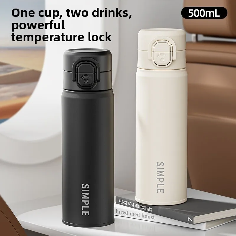 1pcs Simple Double Drink Thermos Cup 316 Stainless Steel Insulated Bottle with Straw Bounce Lid Portable for Daily Outdoor Use