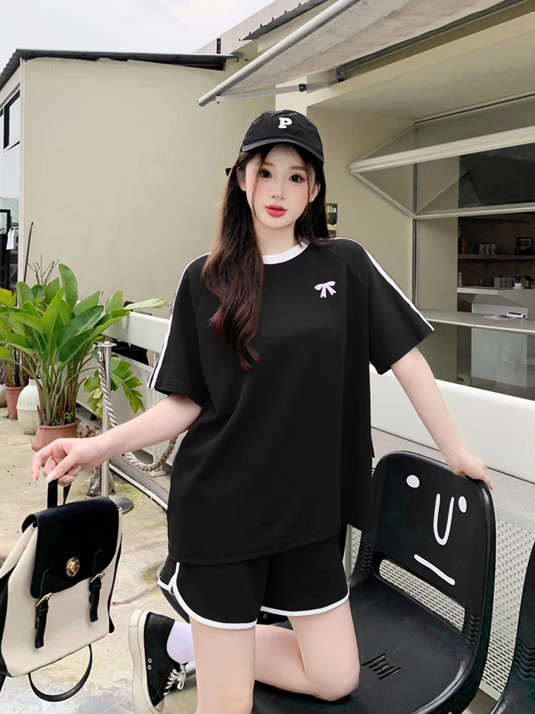 여름 스포츠웨어 세트 여성용 신상 슬림핏 루즈핏 운동복 캐주얼 투피스 세트 젊은 여성용 폴리에스터 원단