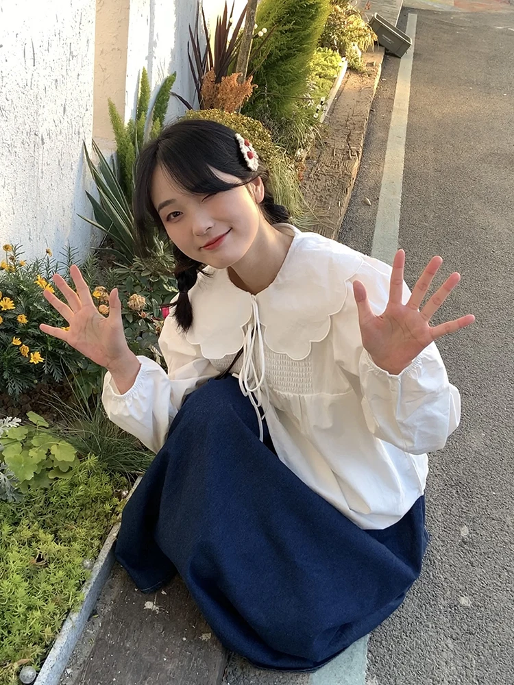 

Милая женская весенняя блузка в студенческом стиле с пуговицами, длинными рукавами, воротником «Питер Пэн», свободного кроя, из белого хлопка