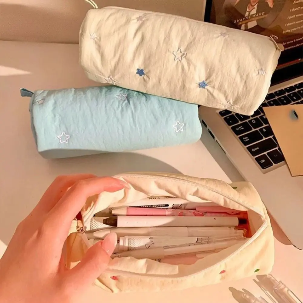 INS Embroidery Pencil Case Pouch Pillow Shape Little Star Makeup Lipstick Bag Single Layer Stationery Desk Storage Bag Students