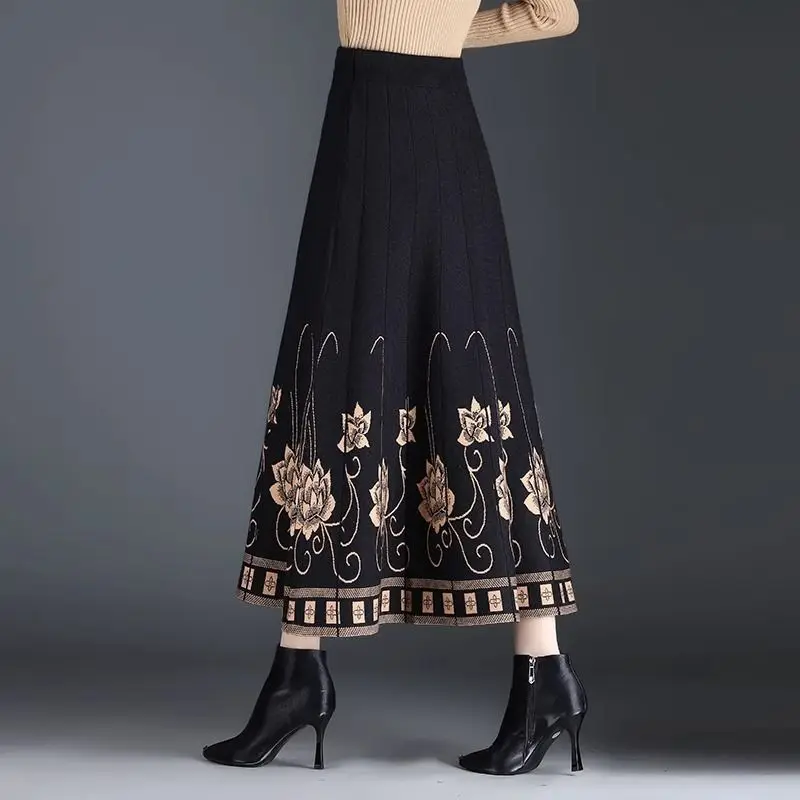 Women High Waist Knit Long Skirt Floral Embroidery Print A Line Swing Maxi Skirt