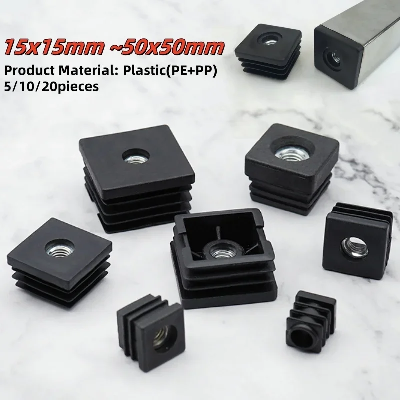 5/10/20Pcs Pipe Plugs Blanking End Cap Tube Pipe Insert Black Square Hole Plugs 15~50mm Furniture Accessory Leg Plug