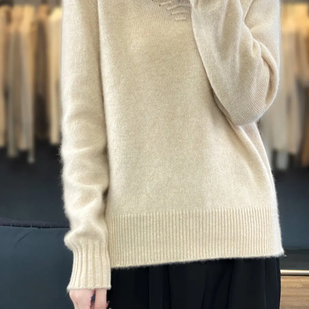 

Women's Thickened V-neck Woolen Sweater Solid Color Long-Sleeved Pullover Knitted Top Autumn Winter All-match Loose Base Shirt