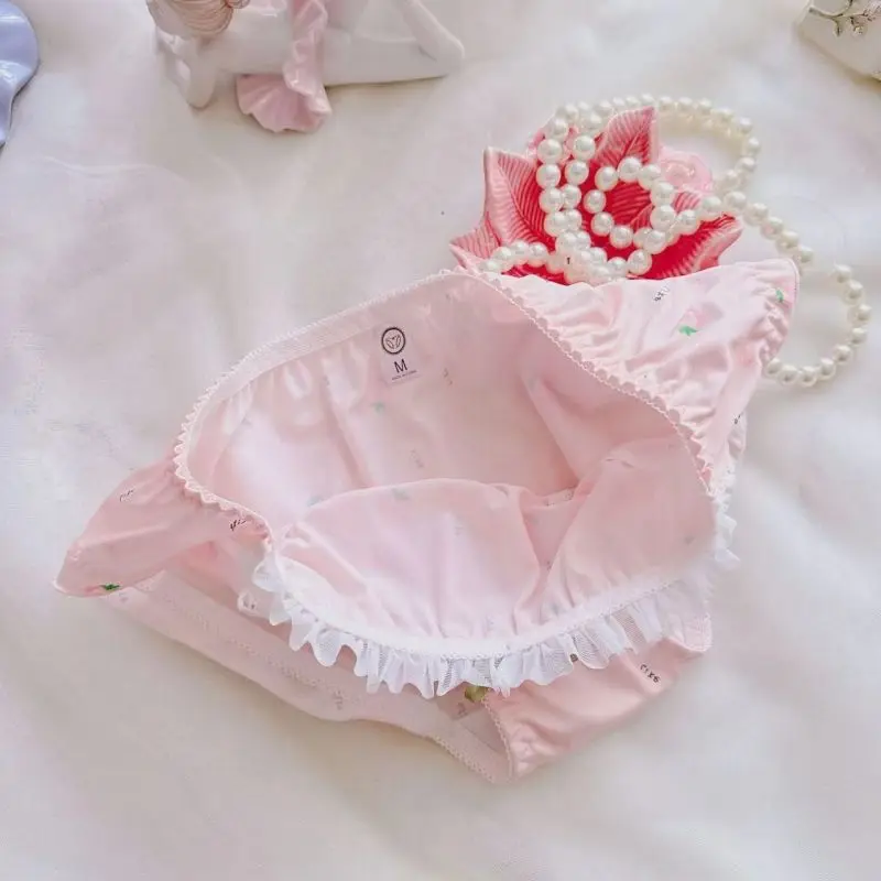 Cute Lovely Sweety Lace Ruffles Breathable Underwear Women Middle Waist Thin Seamless Panties Soft Milk Silk Breifs