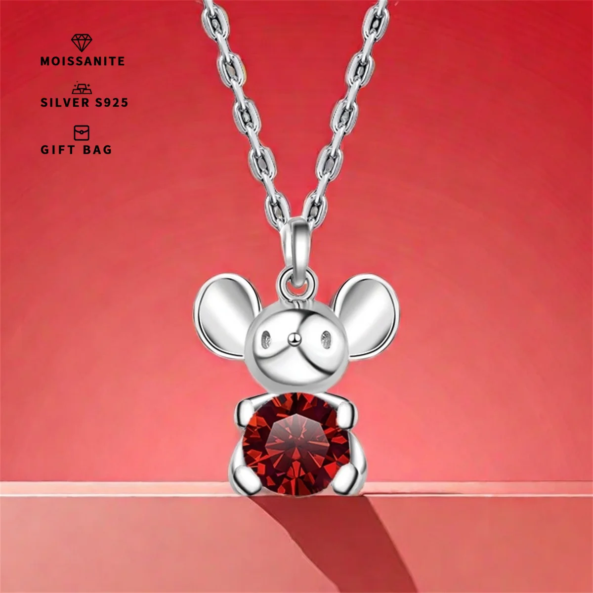 GRA Red Moissanite S925 silver Platinum plated pendant cute mouse necklace Zodiac clavicle chain fashion plating Platinum