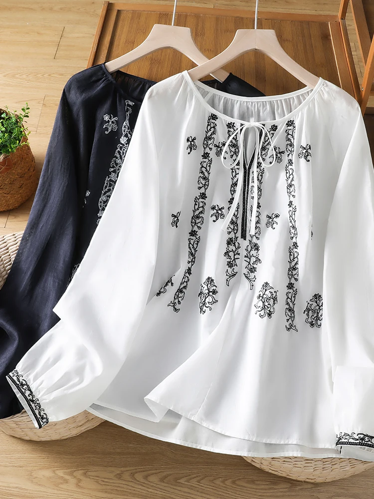 Loose Cotton Linen Sun Protection Shirt mid Sleeve Embroidered Blue Porcelain Pattern Ethnic Style Women's Fashion Summer Shirt