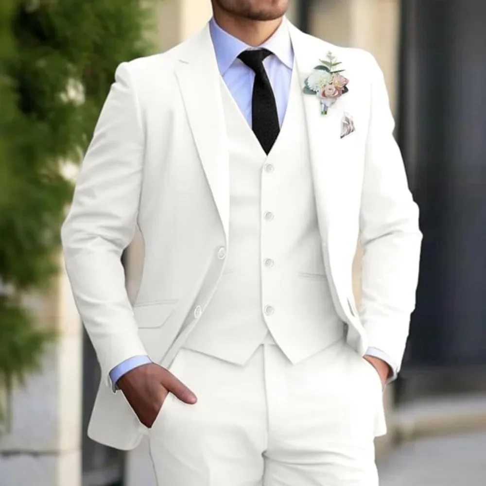 

Three Piece Formal Green Jacket Pant Vest Split Collar Slim Fit Wedding Full Set Elegant Groom's Outfit Men's suit