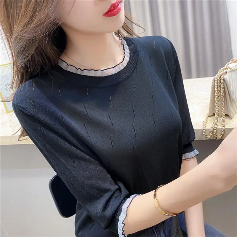 Fashion Hollow Out Spliced Half Sleeve Lace Blouses Female Clothing 2023 Autumn New Loose Solid Color Shirts All-match Blouses