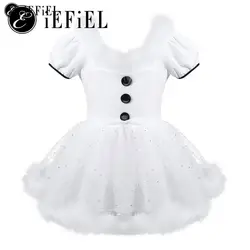 Kids Girls Snowman Christmas Dance Costume Faux Fur Bubble Sleeve Ballet Tutu Dance Dress Christmas Cosplay Party Dress-up