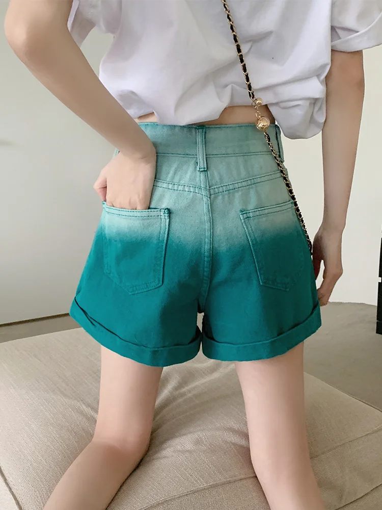 Women's Gradient Green Denim Shorts Aesthetic Streetwear Jeans Shorts 2000s Y2k Harajuku Cowboy Shorts Pants 2000s Clothes 2024