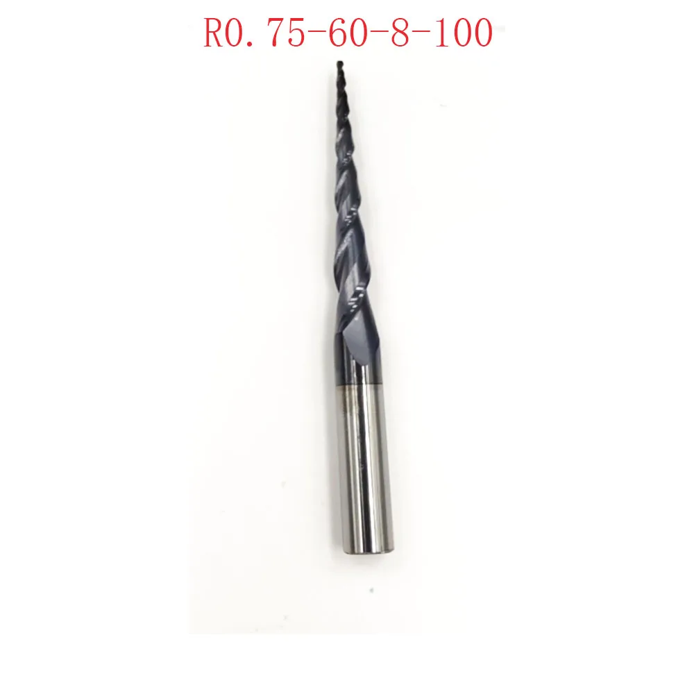 

R0.75 * D8 * 60 * 100L * 2F HRC55 вольфрамовые твердосплавные конические сферические концевые фрезы, Фрезы с ЧПУ