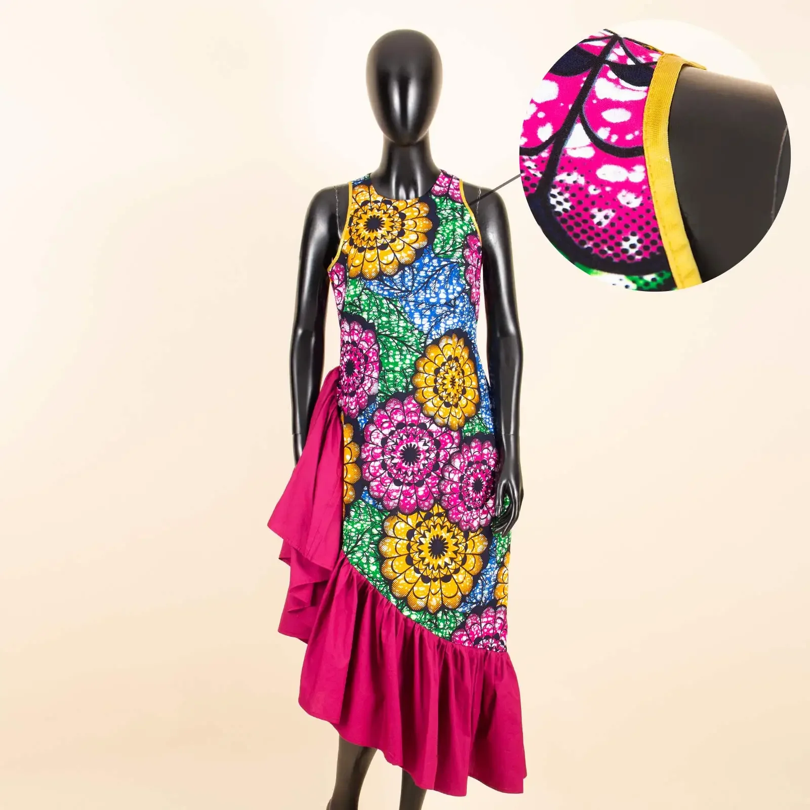 African Dresses for Women Elegant Fashion Flounced Edge High Waist Sleeveless Print Midi Dress Party Wedding Outfits A2125038