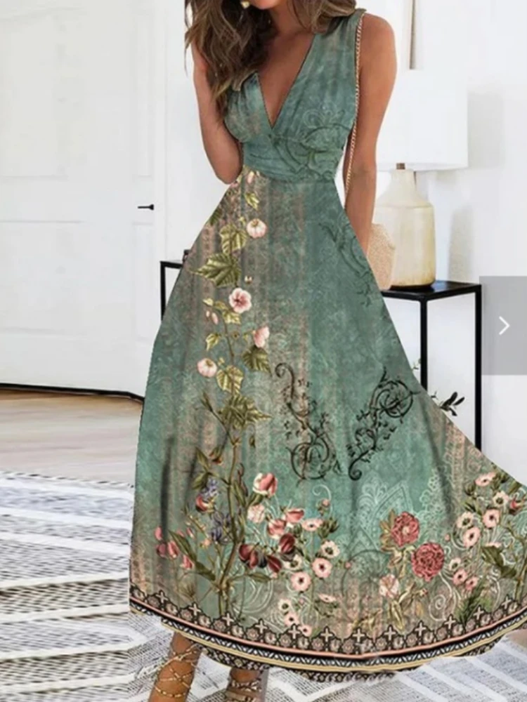 Elegant Women\'s Mid Length Dresse2023 Summer  Fresh  V-neck High Waist Sleeveless Printed Sexy Dress S-5XL