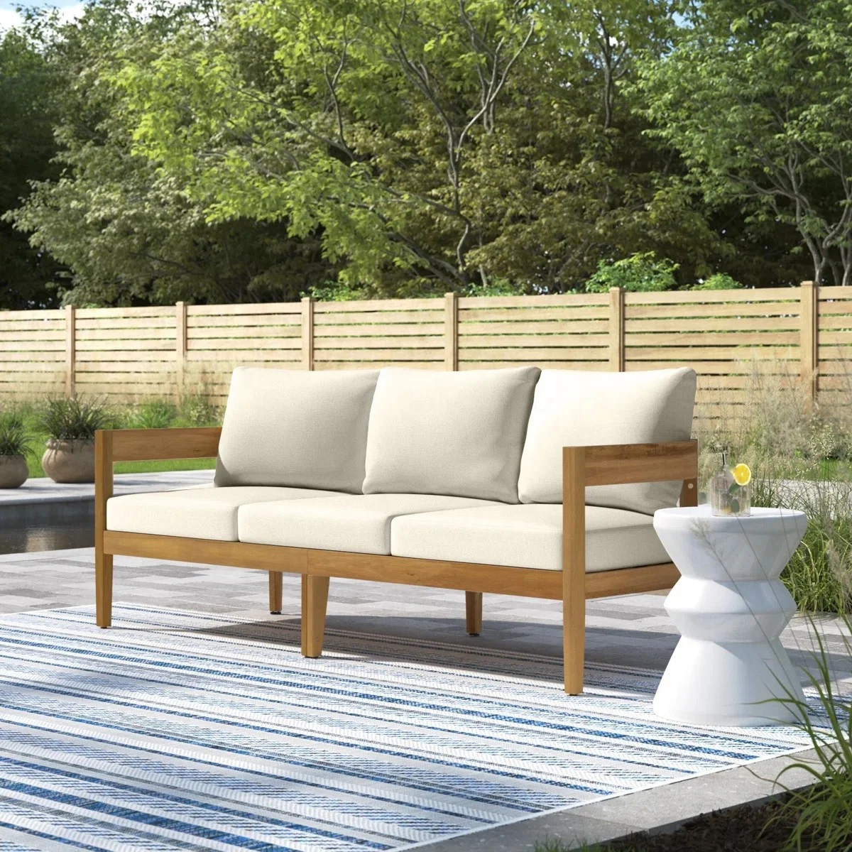 #Modern 3-Seater Outdoor Teak Wood Sofa Set Light Beige Cushions with White Side Table Weather Resistant Patio Furniture Garden