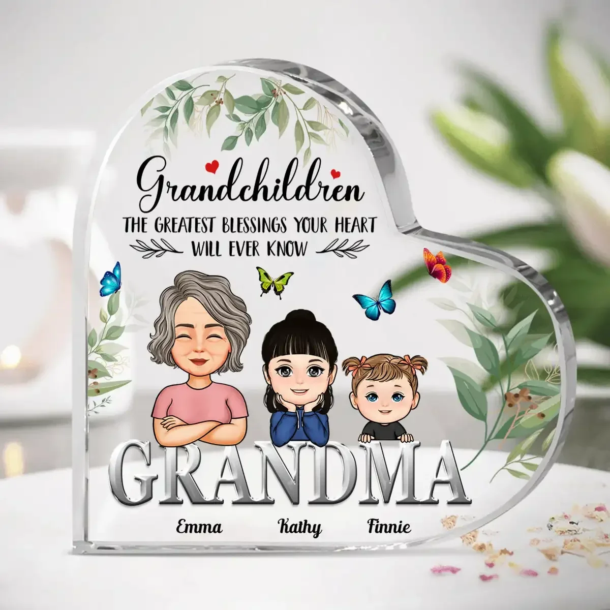 Grandma Smile Print Acrylic Heart Plaque Grandmother Gifts Granddaughter Grandson Kid for Grandmother Keepsake Table Desk Decor