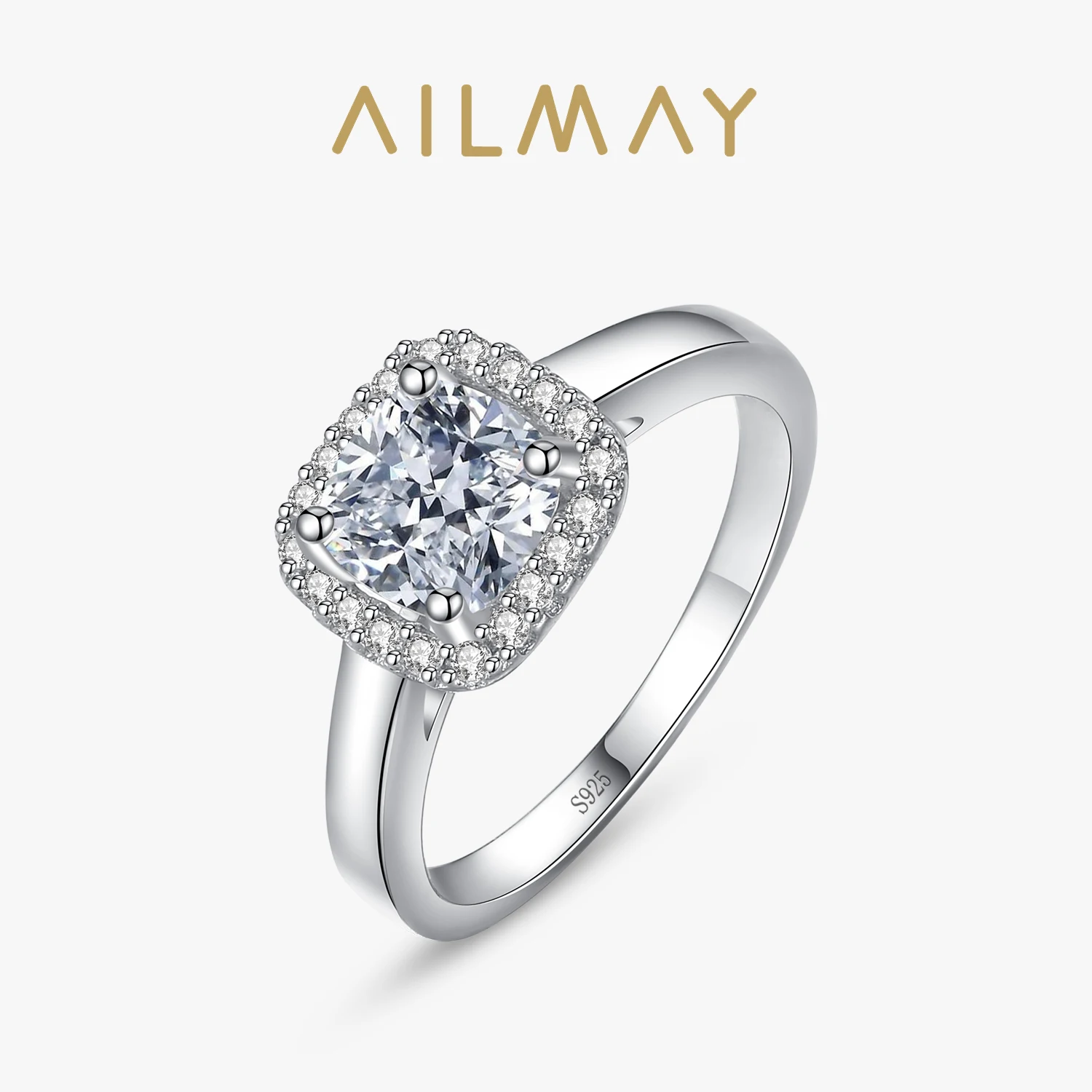 Ailmay-anillos de plata de ley 100% 925 auténtica para mujer, joyería fina minimalista, con dijes de circonita cúbica transparente cuadrada Simple,