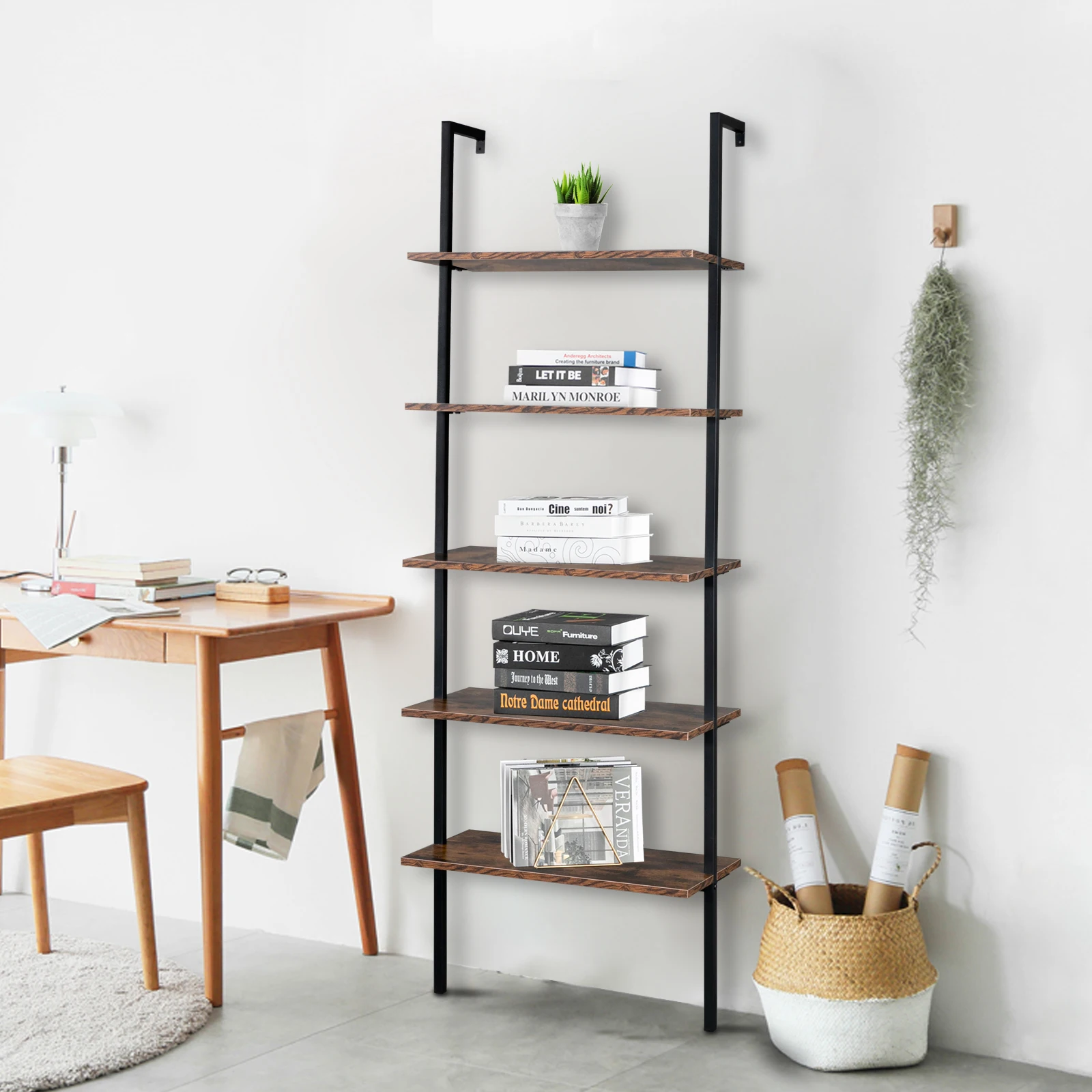 

Industrial Wall Mounted Bookcase 5-Tier Open Ladder Shelf Bookshelf with Metal Frame, 23.6" L x 11.8" W x 70.9" H