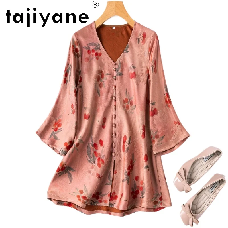 

TAJIYANE 24MM 100% Mulberry Silk Xiangyun Sha Shirt Woman V-Neck Jacquard Satin Blouse Casual Summer Tops Woman Clothes 2026 셔츠