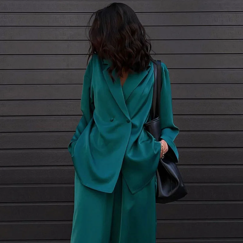 

Fashion Long Sleeve Blazer Two Piece Sets Women Outifits Casual Loose Office Pants Set Elegant Green Satin Trouser Suits