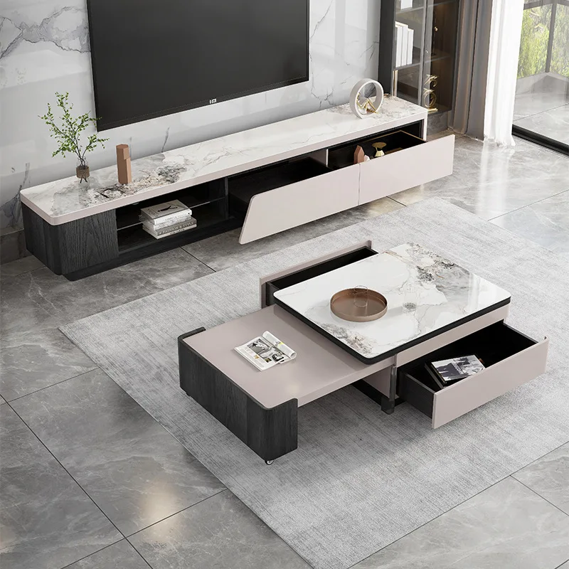 

Light luxury rock slab TV cabinet Modern simple small apartment Italian telescopic TV cabinet Coffee table combination Floor cab