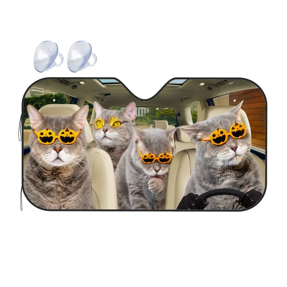 British Shorthair Cat Driving with Glasses Car Front Windshield Sun Shade,Persian Cat Sunshade for SUV- Blocks Uv Rays Protector