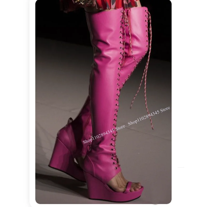 

Red Lace Up Over Knee High Sandal Boots Peep Toe Thin High Heel Sexy 2023 Summer Casual Big Size Woman Shoes Zapatillas Mujer