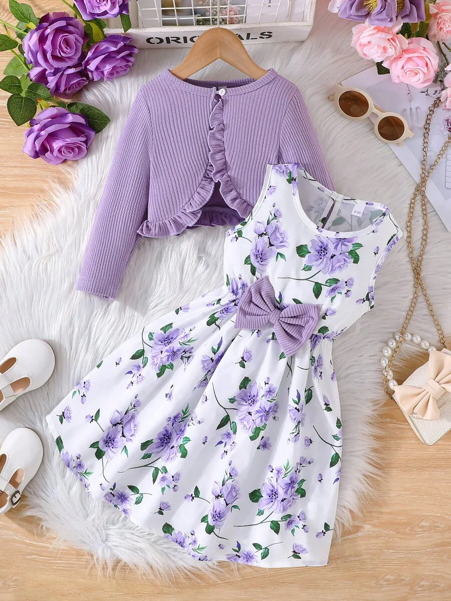 

2-Piece Set: Lilac Ruffled Cardigan & Floral Print Sleeveless Dress for Girls